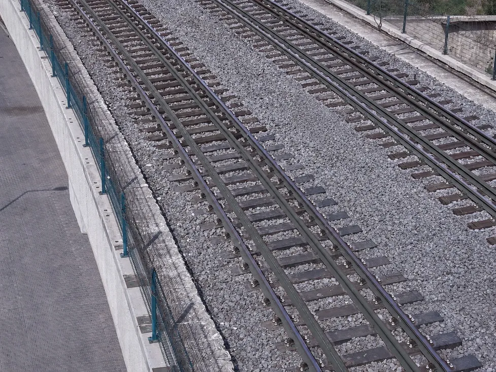 Aerial view of composite-sleepered track on a viaduct